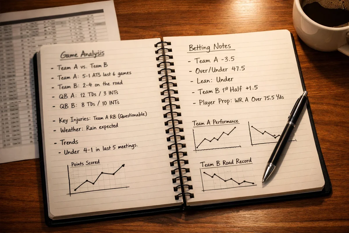 Notebook with football betting notes and statistics