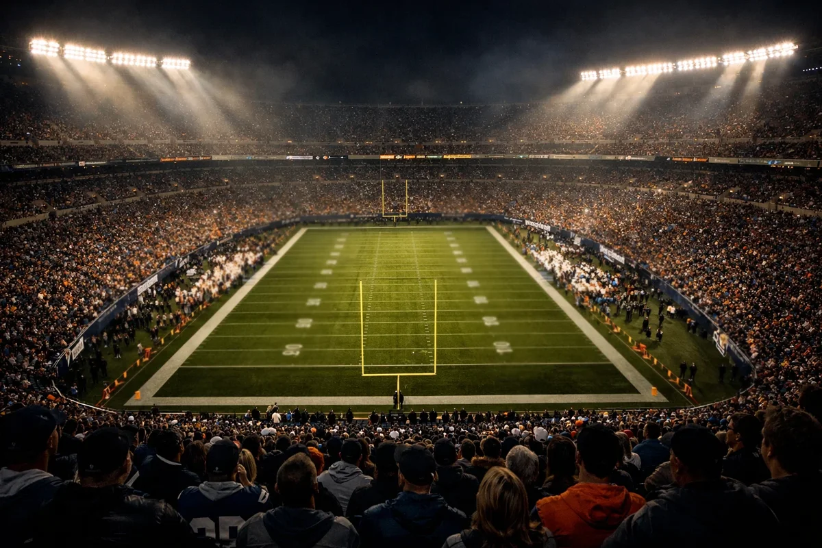 American football stadium at night with dramatic lighting