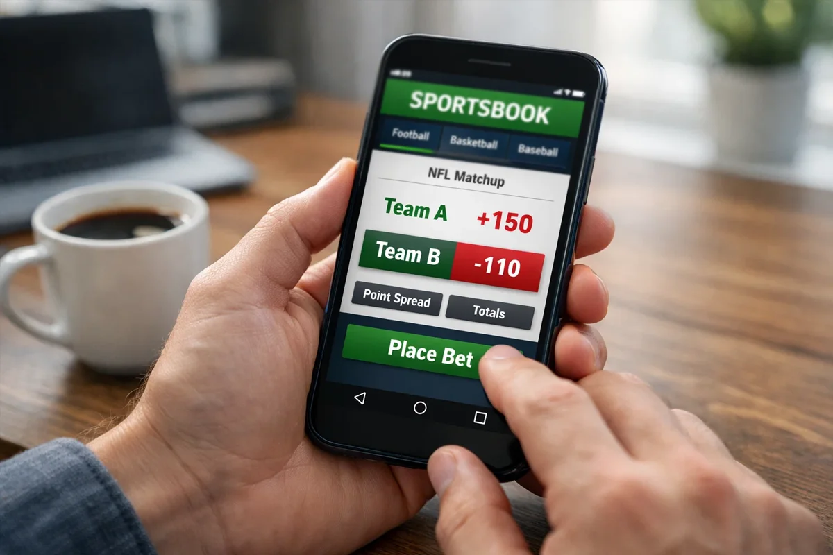 Person analyzing American odds format on sportsbook screen