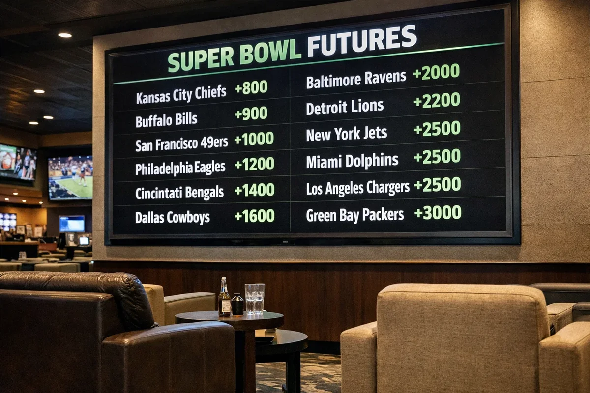 Super Bowl futures odds board with team listings