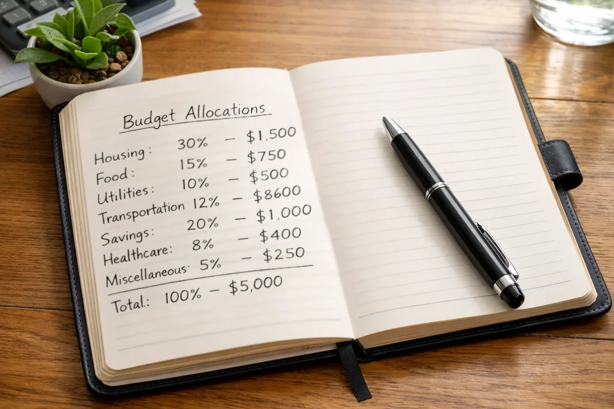 Bankroll management planning with notebook and pen