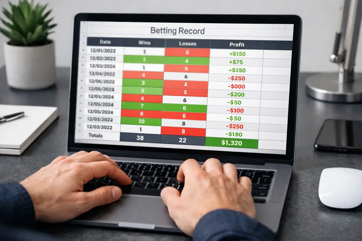 Betting record spreadsheet on laptop screen