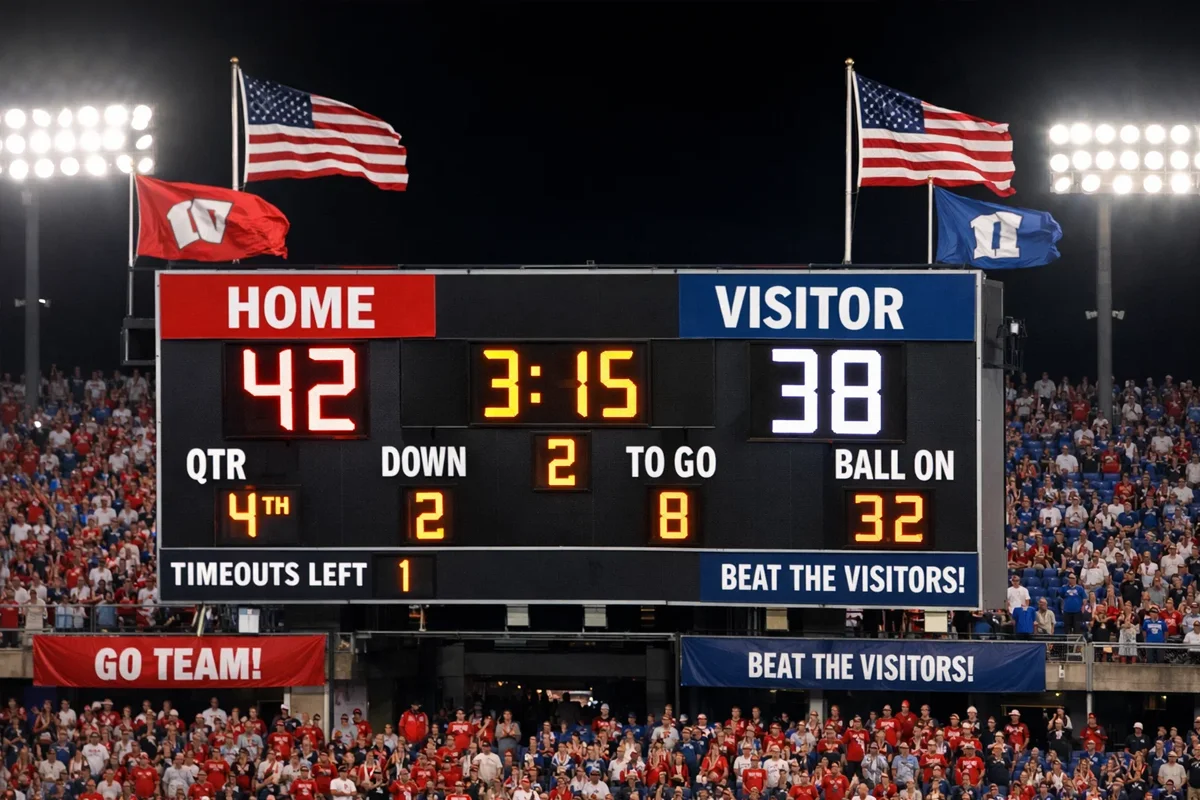 Scoreboard showing high-scoring college football game