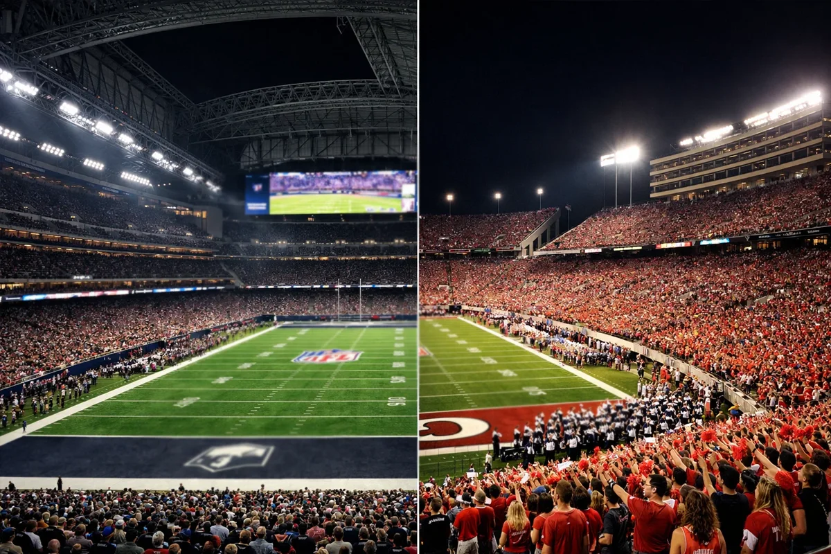 Split view of NFL stadium and college football stadium