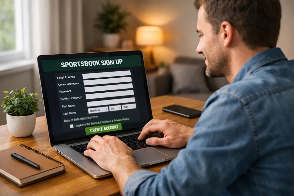Person registering at a sportsbook on laptop computer