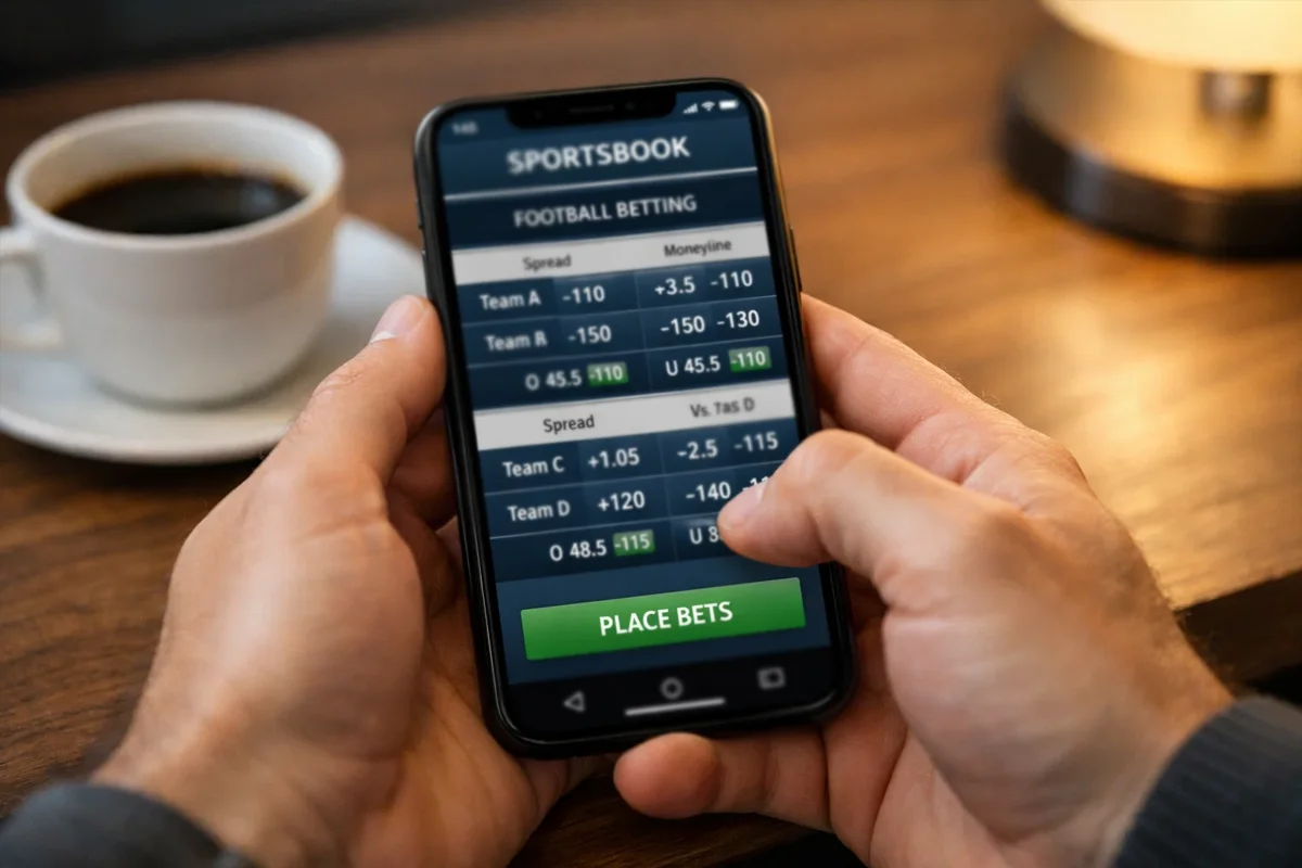 Person analyzing football betting odds on a smartphone